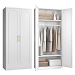 Metal Wardrobe Cabinet for Hanging Clothes, 71" Tall Armoire Wardrobe Closet with Hanging Rod, White Clothing Storage Cabinet with Doors and Shelves, Large Closet for Bedroom-Assemble Required