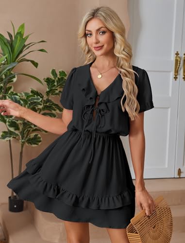 Image of Angashion Womens Tie Front Mini Dress V-Neck Ruffle Hem Summer Pockets