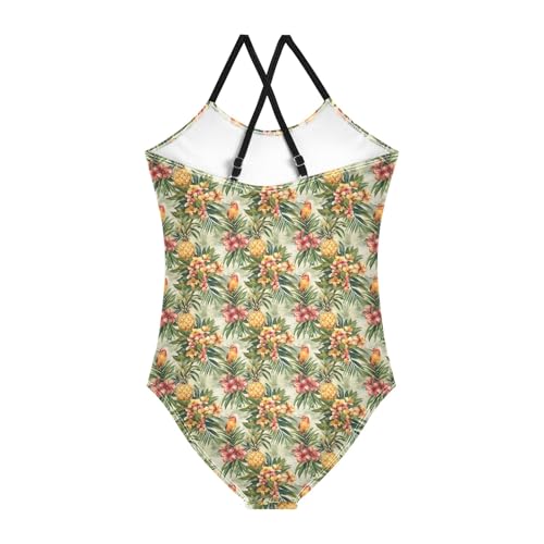 senya Girls Swimsuits One-Piece Swimwear Tie Bathing Suit Beach Summer Round Neck 7-8T Pineapple Bird Pattern2