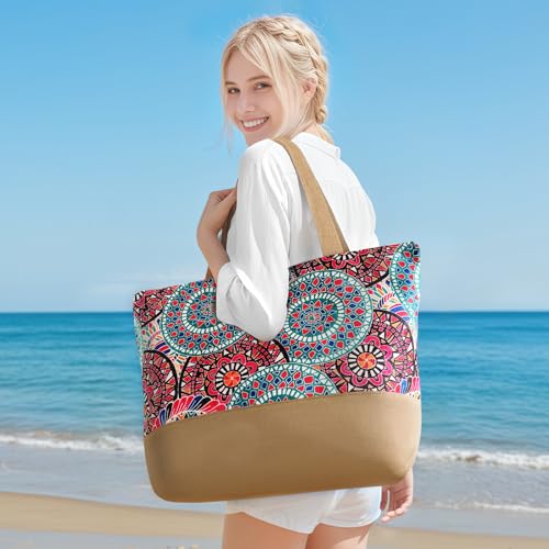 Image of Trifabricy Beach Bag for Women, Large Beach Tote Bags with Zipper, Woven Straw Tote Waterproof, Swim Gym Shopping Travel Bag