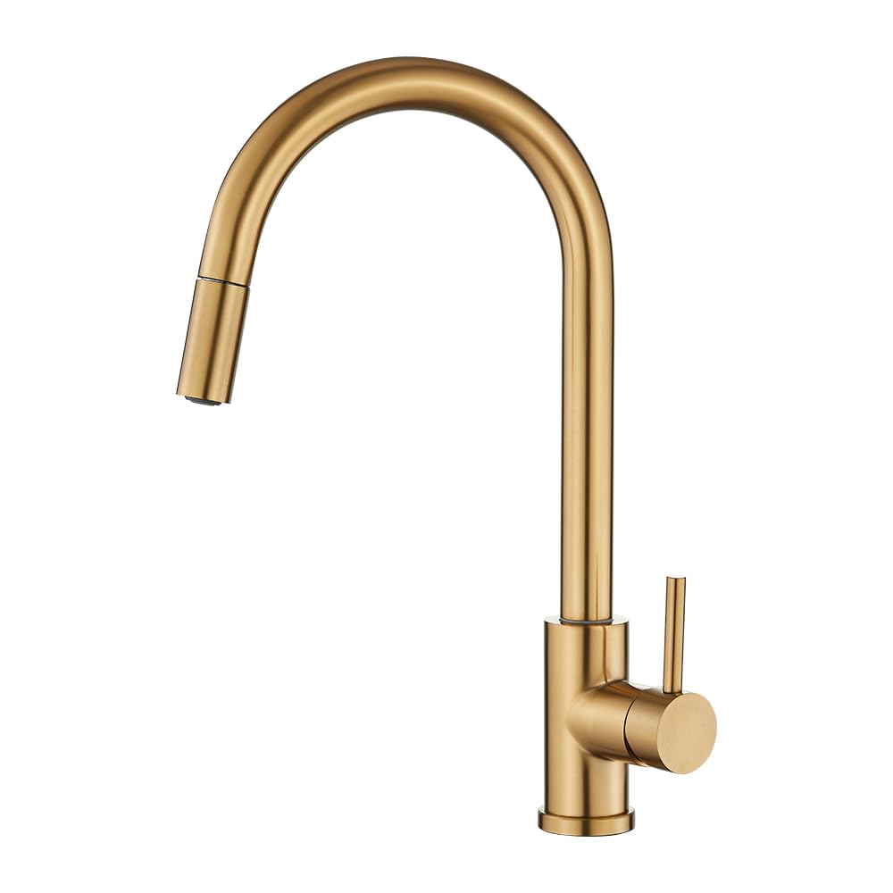 VALAZ Grifo Cocina Extraible Dorado Cepillado Protección PVD | Grifos Cocina Fregadero | Alta Presión, Monomando, Giratorio, Ahorro de Agua | Instalación Fácil | Latón, Acero Inoxidable, Serie Parana