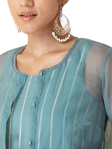 Image of Indya Women's Fit and Flare Cotton Striped Chanderi Dress with Organza Jacket Midi