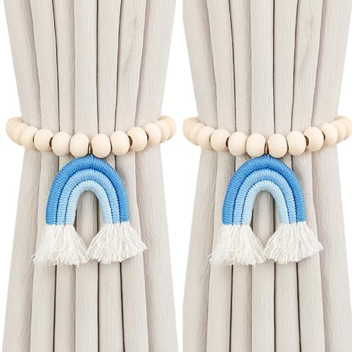 2 PCS Magnetic Wooden Beaded Curtain Tiebacks, Tassel Curtain Buckles Rainbow Tassel Curtain Holders No Punch Decoration