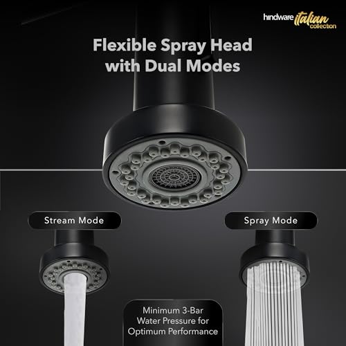 Image of Hindware Italian Collection 2-Function Pull Out Kitchen Sink Mixer for Kitchen with Spring Feature | Made of 304-grade Stainless Steel | Elegant Matte Black Finish | 5-Year Manufacturer Warranty