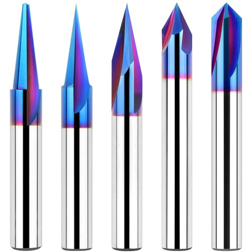 EANOSIC 5PCS CNC Wood Carving Router Bits Set, 1/4'' Shank, 15° Detail Carving Liner+ 20° Profile bit+30°+60°+ 90° V Groove Router Bit Set