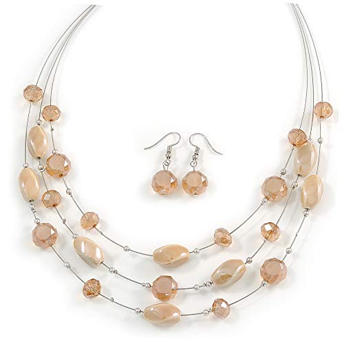 Collar y pendientes de gota de cristal de caramelo claro cuentas de cerámica mujer juego plata
