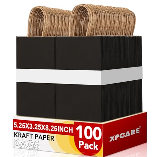 Image of XPCARE Black Paper Bags with Handles, 100Pcs 5.25x3.25x8.25'' Kraft Bags