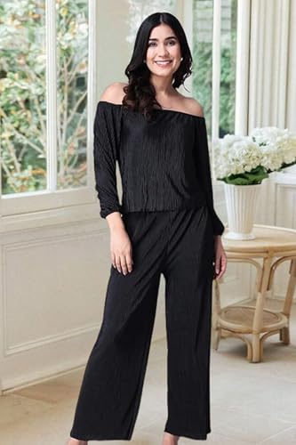 Image of POPWINGS Casual Wrinkle Full Sleeves Off-Shoulder Top and Palazzo Co-ord Set for Women || Co-Ords Set for Women Stylish Western || Top and Palazzos Set for Women|| 2 Piece Set for Women