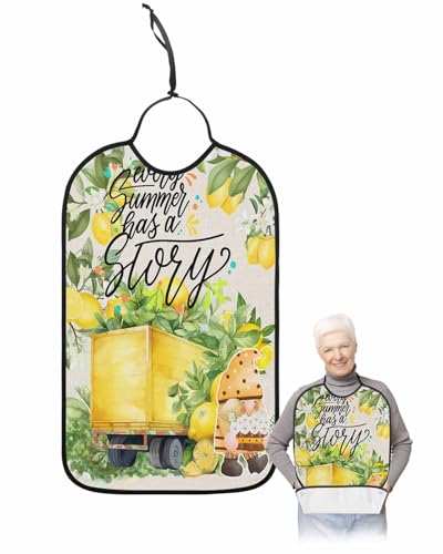 LEOKOTI Summer Lemon Adult Bibs for Eating, Waterproof Bibs with Food Catcher & Adjustable Snap Closure, Yellow Fruits Teal Botanical Gnomes Rustic Washable Clothing Protectors Adult Bibs for Elderly