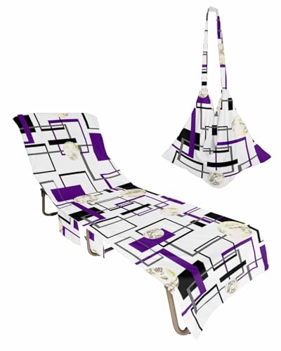 Purple Geometric Beach Lounge Chair Towel Cover, Soft Chaise Lounge Towel with Side Pockets Patio Pool Chairs Cover for Beach/Pool Sunbathing 29x85 Black Grey Modern Abstract Art Marble