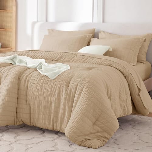 Image of MUXHOMO 7 Pieces King Comforter Set, Seersucker Bed in a Bag King Size, All Season Luxury Bedding Set with Comforter, Flat Sheet, Fitted Sheet, Pillowcases & Shams, Khaki