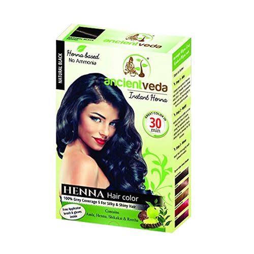 ANCIENT VEDA Henna Hair Color | Instant Henna with Applicator Brush & Gloves | Organic hair Nourishment color Peroxide free | Natural ingredients Safe for all hair types – (60 Grams – Black)