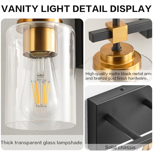Image of SOLFART Black and Gold Vanity Light,4 Light Modern Vintage Wall Light with Clear Globe, High-End Bathroom Light Fixtures Over Mirror, Easy to Install (Bulbs Not Included)