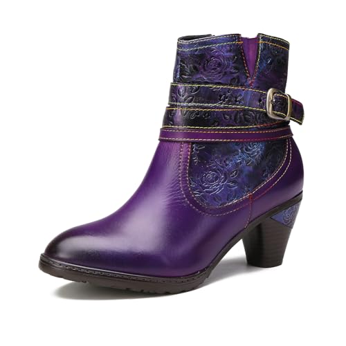 Superladystar's Handmade Floral Embossed Women's Ankle Boots, Mid Heels, Hand-Painted, Retro Style, Art Shoes