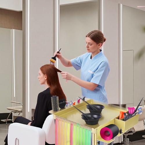 Image of Salon Senor Gold Salon Rolling Tray Hair Extension Tray Cart | Iron material,for salon use,height adjustable,movable with wheels,with storage box and hair separator clip