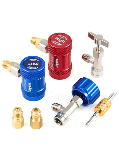 Orion Motor Tech R1234yf Quick Couplers Set R1234yf Adapter Tool Kit with Self-Sealing & Puncture Can Tap High & Low R1234yf Couplers Set with Valve Core Remover for 1/4 & 1/2 HVAC Charging Hoses
