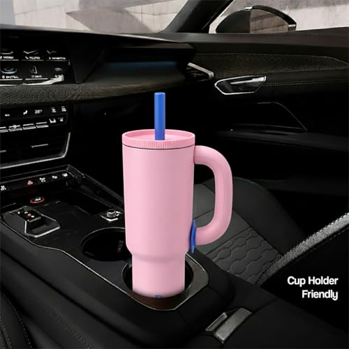 Image of House of Quirk 1200ml Stainless Steel Tumbler with Handle, Straw & Straw Cap | Leakproof Water Bottle | Large Capacity Travel Mug (Blossom Pink)