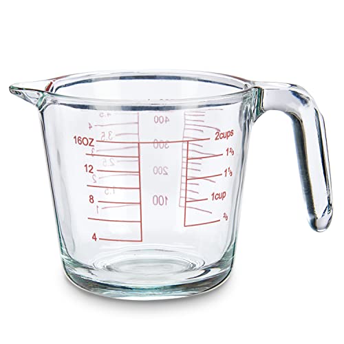 TIENDA EURASIA - Jarra Medidora de Cristal, Jarra Medidora con 4 Escalas distintas, Jarra Calibrada en ml, dl, Oz, Cups, Jarra de Vidrio para Recetas, Jarra Transparente con Asa (500 ml)