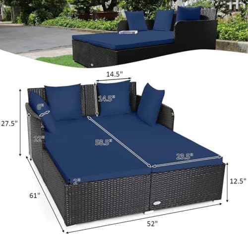 Image of BRISHI Outdoor /Pool Side /Garden /Balcony /Porch /Backyard /Terrace /Patio /Beach /Rectangular Sofa Sunbed Wicker and Rattan Daybed (Black-Blue)