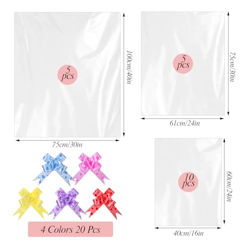 Image of woric 20 PCS Clear Large Cellophane Bags 3 Sizes 30x40 24x30 16x24in | Cellophane Wrap for Gift Baskets Plastic Gift Bags with 20 Pull Bows for Baby Shower Back to School Graduation Gifts Wrapping