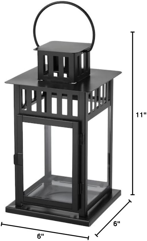 Black Metal Lantern for Pillar Candles – 11-Inch Indoor/Outdoor Decorative Candle Holder with Glass Panels & Handle – Rustic Modern Lantern for Patio, Tabletop, or Entryway