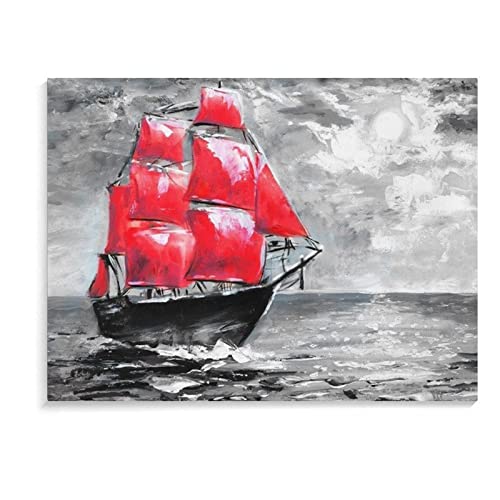 Oil Painting Red Pirate Sailing Ship Boating Ship Print, Rowing Boat Art Posters Wall Art Paintings Canvas Wall Decor Home Decor Living Room Decor Aesthetic 24X32Inch(60X80Cm) Frame-Style #TOP7