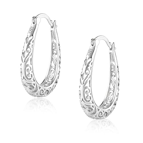 925 Sterling Silver Post Filigree Hoop Earrings for Women Hollow Oval Hoop Earrings Hypoallergenic U Shaped Hoops Earring for Jewelry Gifts