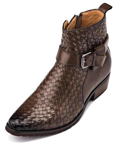 CALTO Men's Invisible Height Increasing Elevator Shoes - Coffee Brown Premium Leather Woven Ankle Buckle Zipper Boots - 3.3 Inches Taller - K30525 - Size 7.5 D(M) US