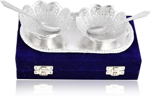 Image of INDICRAFTSVILLA: Crafts Place to Discover World German Silver Plated Kamal Bowl With Royal Red Velvet Box -Capsul 5 Pcs Set, (Silver) ,30 Ml