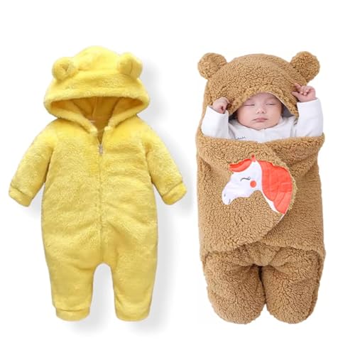Image of BABYZONE Baby Bear Hooded Fleece Romper and Swaddle Wrap Set, Plush Teddy Design, Brown (2, Yellow&Brown, Baby)
