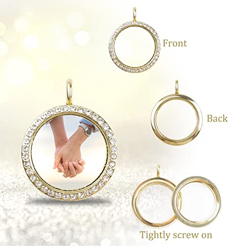WANDIC Rhinestone Photo Charms, 4 pieces Gold Round Memory Locket Pendant Bridal Wedding Bouquet Charms for Photo or Decoration 30mm - Image 3