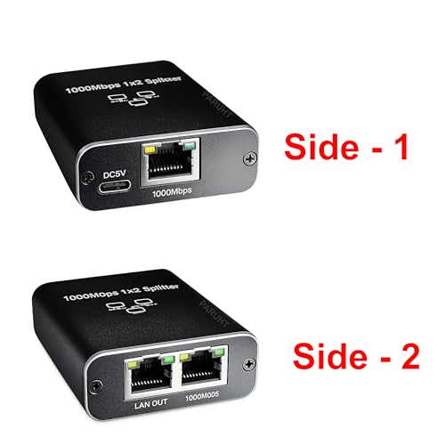 Image of Ethernet Splitter 1 to 2 Gigabit 1000Mbps - RJ45 LAN Network Adapter Hub with USB-C Power, Cat8 /Cat7 /Cat6 /Cat5e Compatible - Plug & Play Internet Cable Splitter for 2 Devices, Black ETHSP-1B2