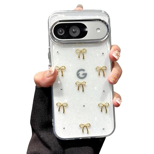Coque Google Pixel 7a Nœud Doré Esthétique et Transparente en Silicone Souple