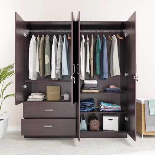 Image of VIKI Wardrobe | Wooden Almirah for 4 Door 2 Drawer with Shelves & 2 Hanging Space Wardrobe (Dark Wenge - 40D x 160W x 180.8H) | 1 Year Warranty | Free Assembly