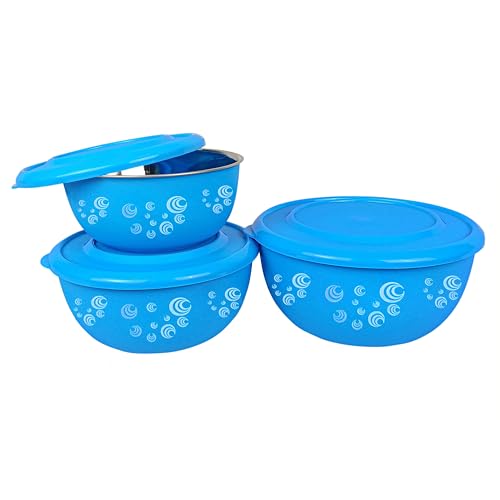 Image of Microwave Safe Stainless Steel Food Storage Container with Lid | Euro Mixing Bowl Set for Kitchen | 500ml, 800ml, 1250ml | Pack of 3 | Leak-Proof (Classic Blue Spiral 3)