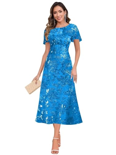 Tea Length Mother of The Bride Dresses for Women Sparkly Sequin Petite Wedding Guest Dress Formal Evening Gown