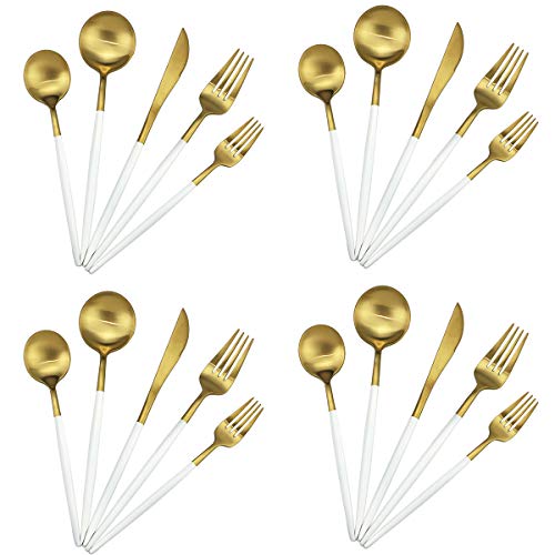 Gugrida 20-Piece 18/10 Stainless Steel Flatware Silverware, Luxury Dinnerware Set Travel Cutlery Tableware Include Knife Fork Spoon Service for 4, Dishwasher Safe (White Handle Matte Gold) by Gugrida - Used condition - US$52.45