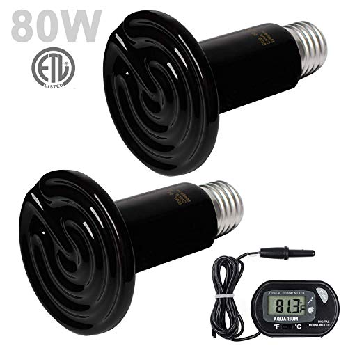 WUHOSTAM 2 Pack 80W Ceramic Heat Lamp with 1-pcs Digital-Thermometer, Infrared Reptile Heat