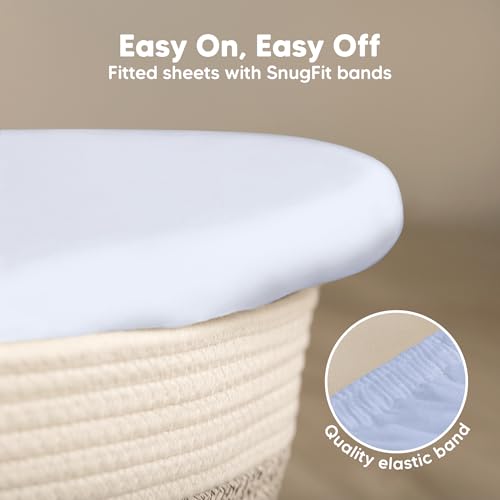 Image of 2-Pack Baby Bassinet Sheets Girl, Boy - 33x17 Viscose Derived from Bamboo Bedside Mattress Fitted Bassinet Sheets, Compatible with Halo Bassinest Swivel Sleeper, Baby Delight, Graco (Blue Flax)
