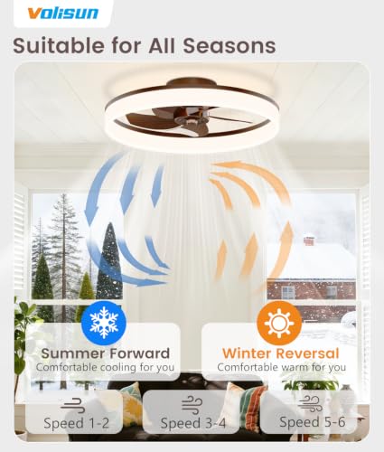 Image of VOLISUN Low Profile Ceiling Fans with Lights and Remote, 20in Fandelier Ceiling Fan Flush Mount, 3000K-6500K Smart Bladeless LED Fan Light, Farmhouse Ceiling Fans with Lights for Bedroom(Wood)