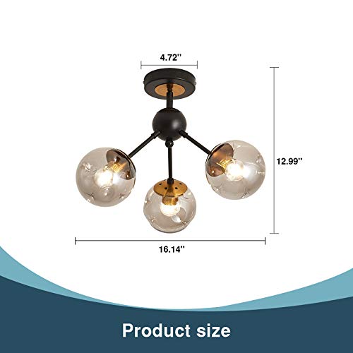 Image of 3-Light Chandelier ,Vintage Semi Flush Mount Ceiling Light Fixture with Glass Globe, Black Ceiling Light for Hallway Stairway Porch Entryway Kitchen Bedroom Laundry Farmhouse..
