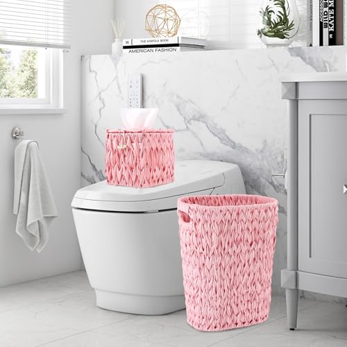 Image of BSSN Wicker Trash Can and Square Tissue Box Cover, 4 Gallon Water Hyacinth Bathroom Trash Can, Handwoven Napkin Holder, Narrow Small Waste Basket, Rustic Decorative Home Set for Bedroom,Office (Pink)