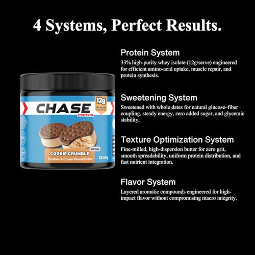 Image of Chase High Protein Peanut Butter Creamy 400g | With Isolate Whey & 120g Protein in Jar | 12g Per Serve | Cookie Crumbs Flavour with Chunks | Healthy Nut Butter Spread for Breakfast, Fitness, Gym