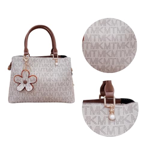Image of Monogram Printed Women's Handbag with Brown Handles and Cute Flower Keychain Charm, Stylish Satchel Tote Purse for Girls and Women