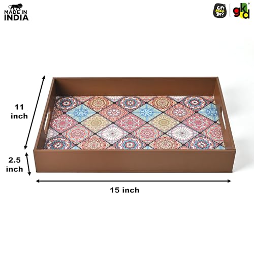 Image of GKD Wooden Serving Tray with Free 4 Coasters - 11x15 Inch Large Tea & Coffee Tray, Snack Tray Decorative MDF Trays for Home & Kitchen - Food Trays with Handles for Dining & Bar (Vibrant Mandala)