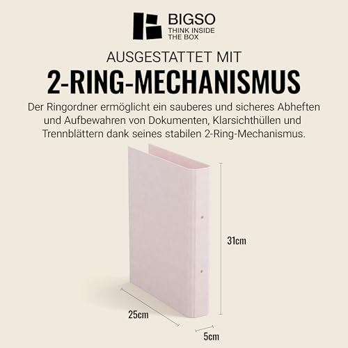 BIGSO RINGO Ringbuch A4 – Aufbewahrungsbox mit 2 Ringen – Schreibtischablage für Dokumente, Klarsichthüllen & Trennblätter – Ringhefter aus Faserplatte und Papier – rosa