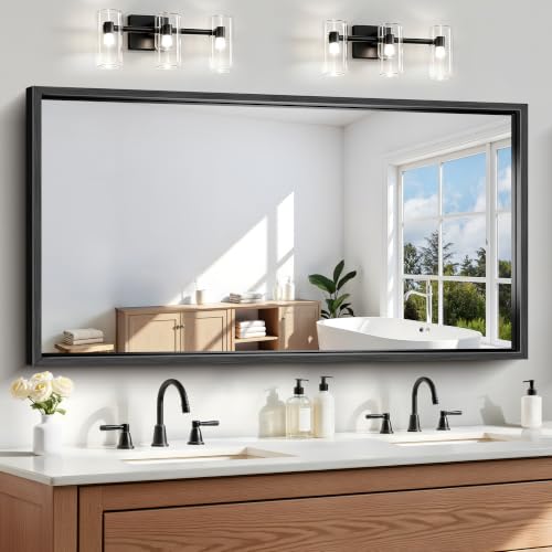 Image of Bathroom Mirror, 30 x 55 Inch Brushed Black Rectangle Mirror, 0.6 inch Thickened Deep Metal Frame Mirrors for Wall Over Sink, Shatterproof Tempered Glass, Antirust, Horizontally or Vertically