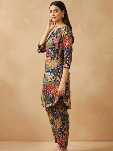 Image of Bee M Pee Designer Trendy Floral Printed Poly Rayon Cotton Kurta Coord Sets for Women | Stylish Casual Kurti Tunic Cord Set with Pant for Woman for Office