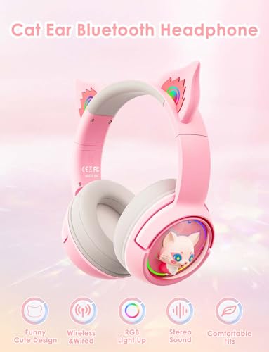 ONITOON Cat Ear Bluetooth Headphones, Wireless Over-Ear Headphone with RGB Lights, Cute Design 60H Playtime, Bluetooth 5.3 HiFi Stereo Sound, Built in Mic for Travel/School/iPad/Tablets - Image 3