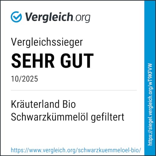 Kräuterland Bio Schwarzkümmelöl 500ml, gefiltert, ohne Zusatz von Aroma-, Farb- und Konservierungsstoffen, hoher Thymochinon, kaltgepresst, mühlenfrisch direkt aus unsrer hessischen Ölmühle